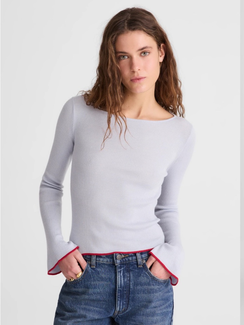 Madewell Pale Blue Ribbed Crewneck Long-Sleeve Top